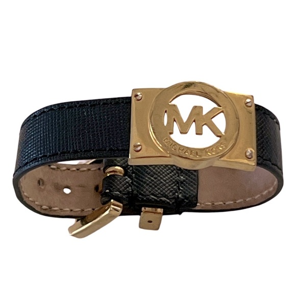 MICHAEL KORS • Black Leather Gold Logo Adjustable Bracelet - Picture 3 of 12